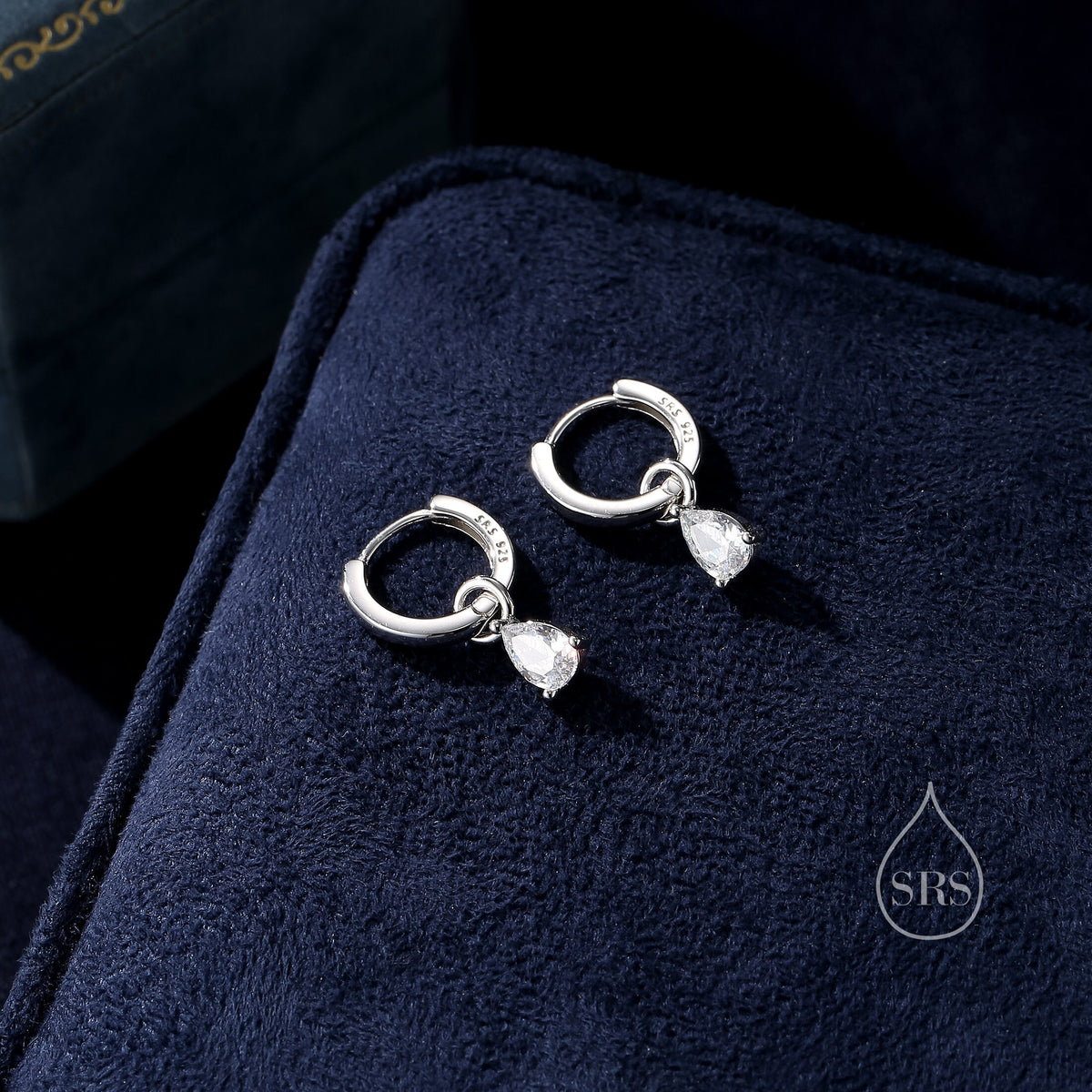 Sterling Silver Pear Cut CZ Droplet Hoop Earrings, Silver, Gold or Rose Gold, Droplet Dangle Hoop Earrings, Interchangeable Charms