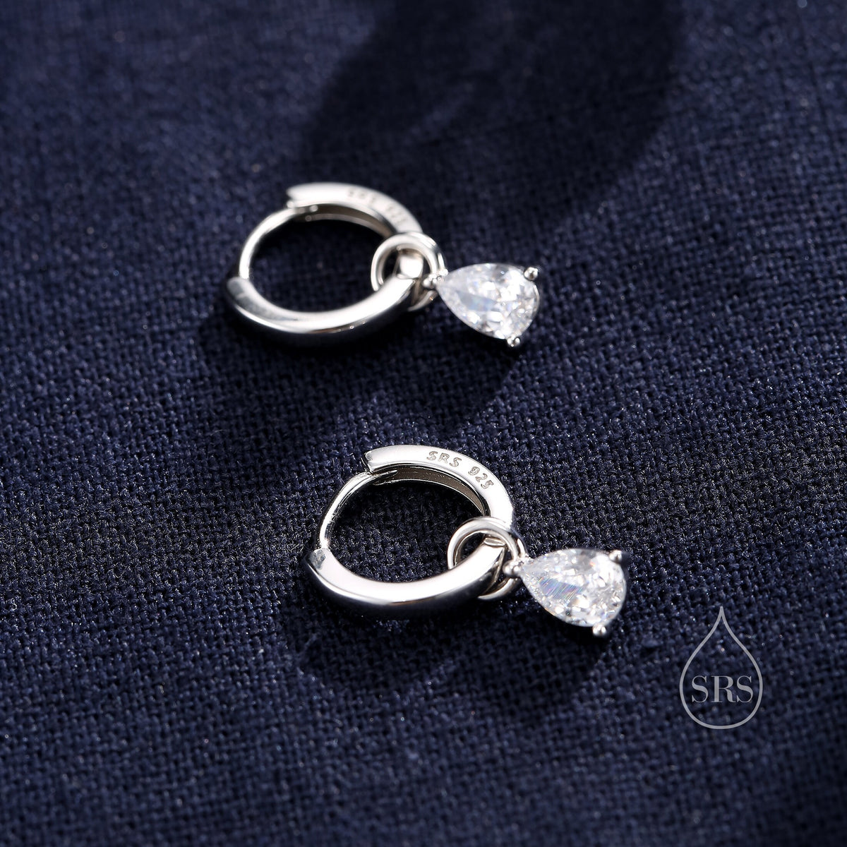 Sterling Silver Pear Cut CZ Droplet Hoop Earrings, Silver, Gold or Rose Gold, Droplet Dangle Hoop Earrings, Interchangeable Charms