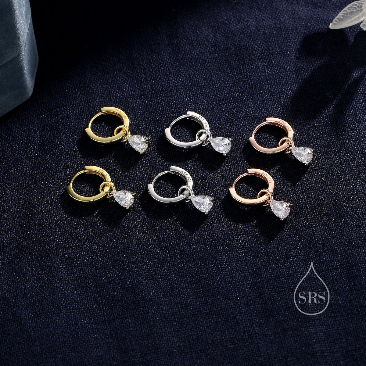 Sterling Silver Pear Cut CZ Droplet Hoop Earrings, Silver, Gold or Rose Gold, Droplet Dangle Hoop Earrings, Interchangeable Charms
