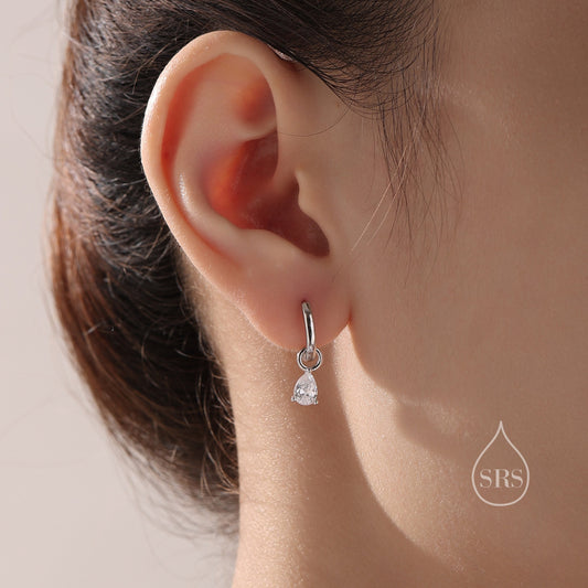 Sterling Silver Pear Cut CZ Droplet Hoop Earrings, Silver, Gold or Rose Gold,  Droplet  Dangle Hoop Earrings,  Interchangeable Charms