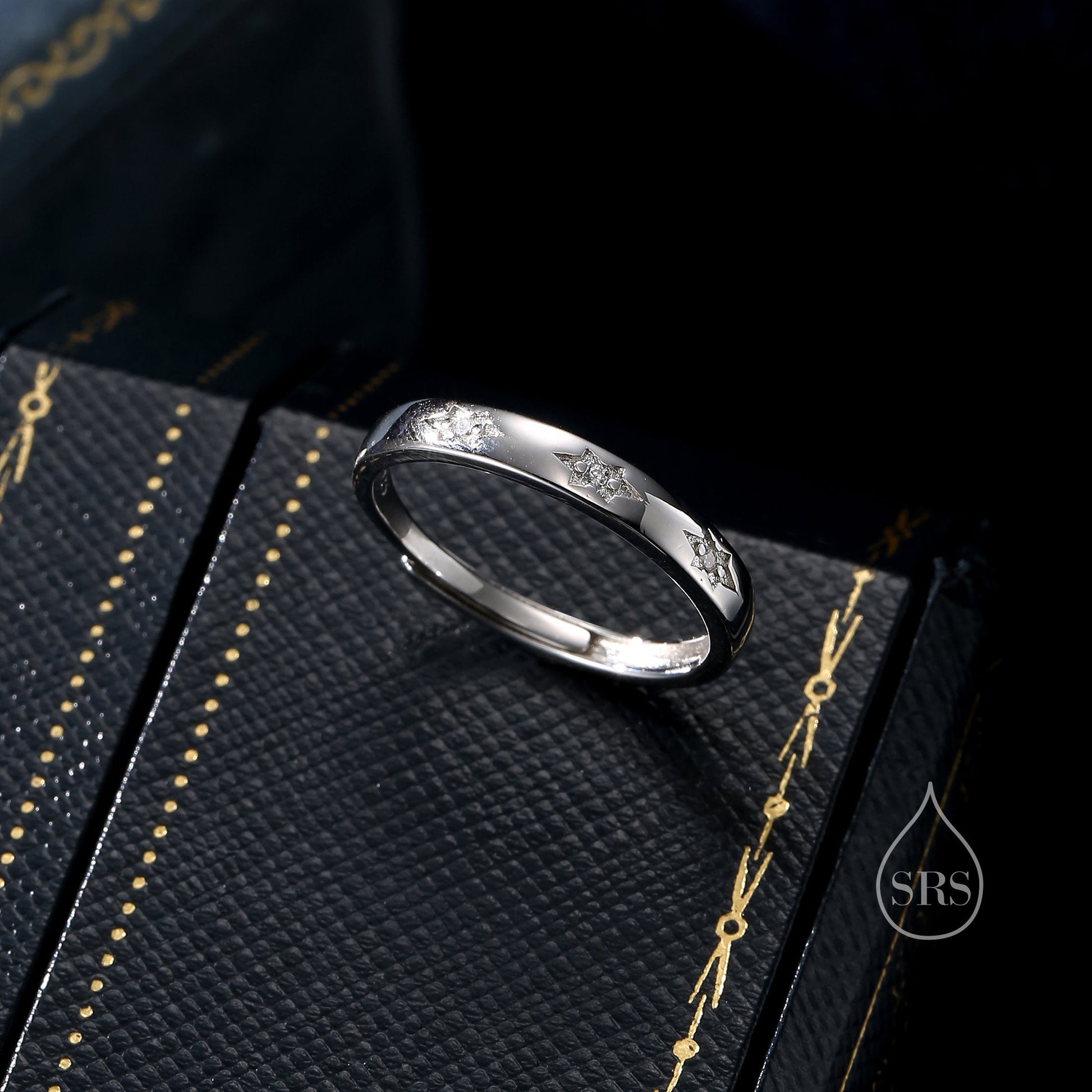 Starburst Ring in Sterling Silver, Adjustable Ring, Silver or Gold, CZ Star Ring, North Star Ring Band