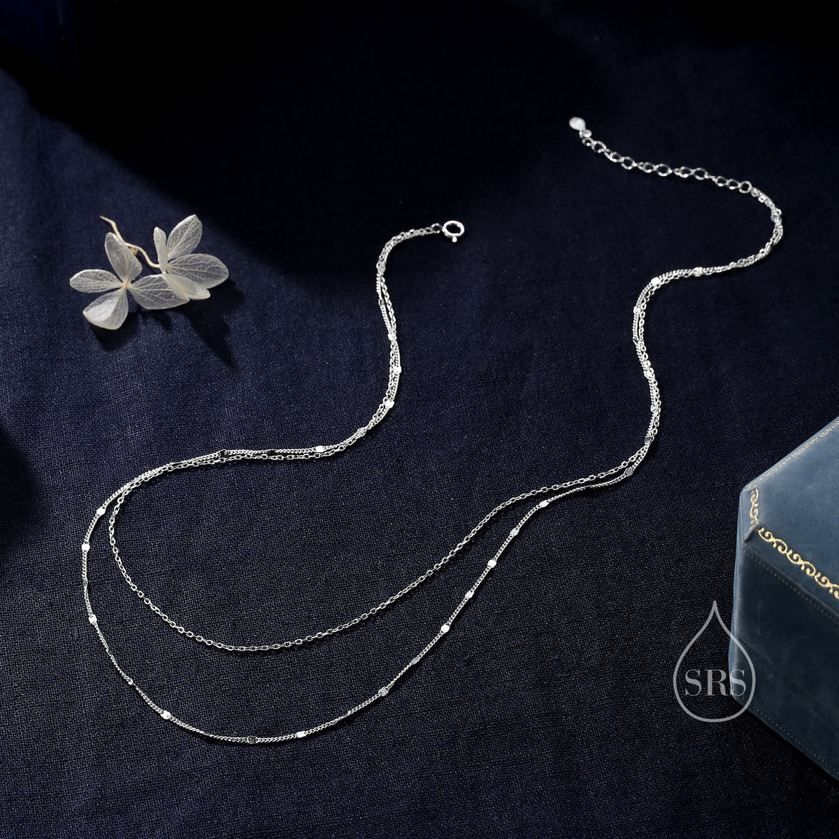 Double Layer Necklace in Sterling Silver with Sparkle Disk Chain, Silver or Gold or Rose Gold, Delicate Two Layer Chain Necklace