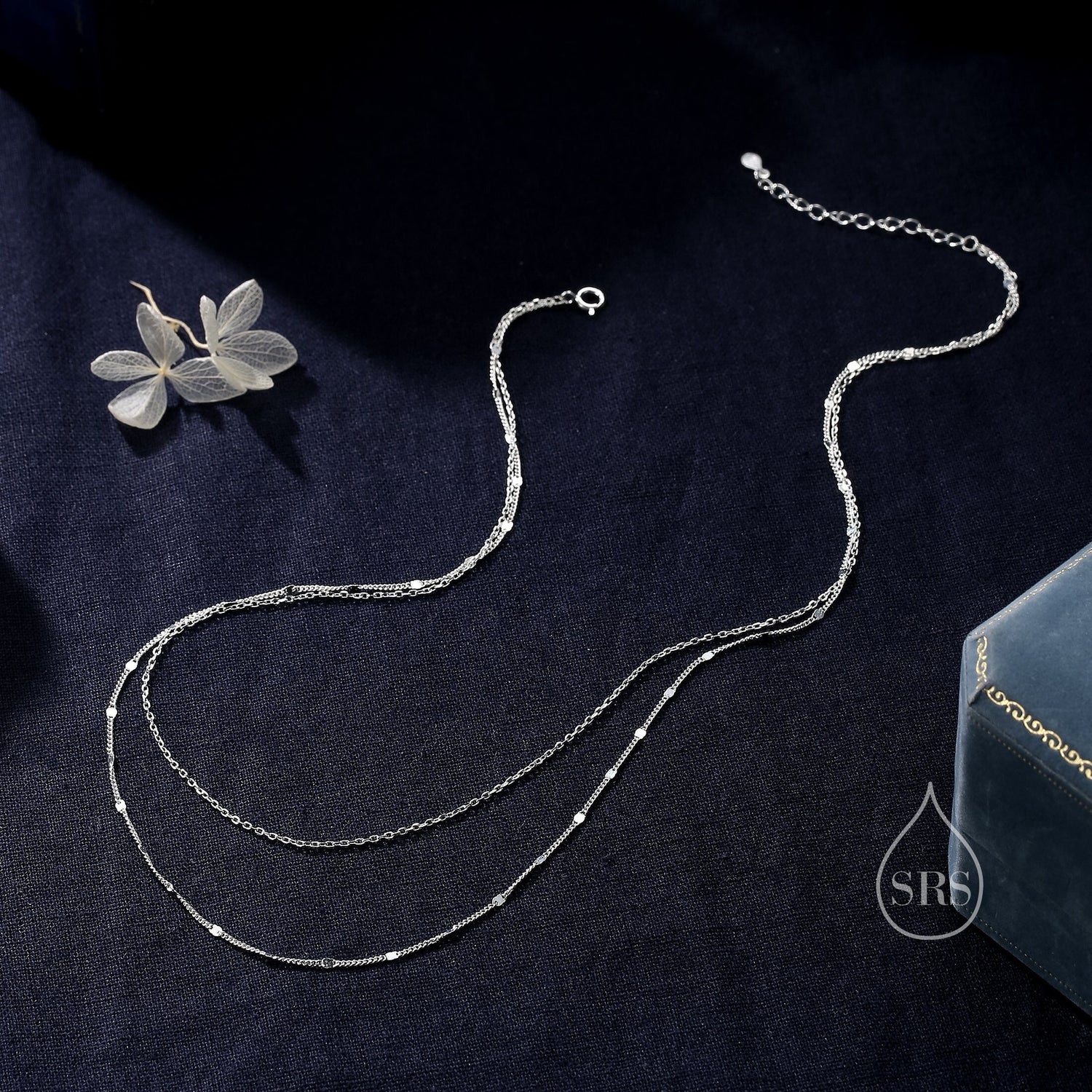 Double Layer Necklace in Sterling Silver with Sparkle Disk Chain, Silver or Gold or Rose Gold, Delicate Two Layer Chain Necklace