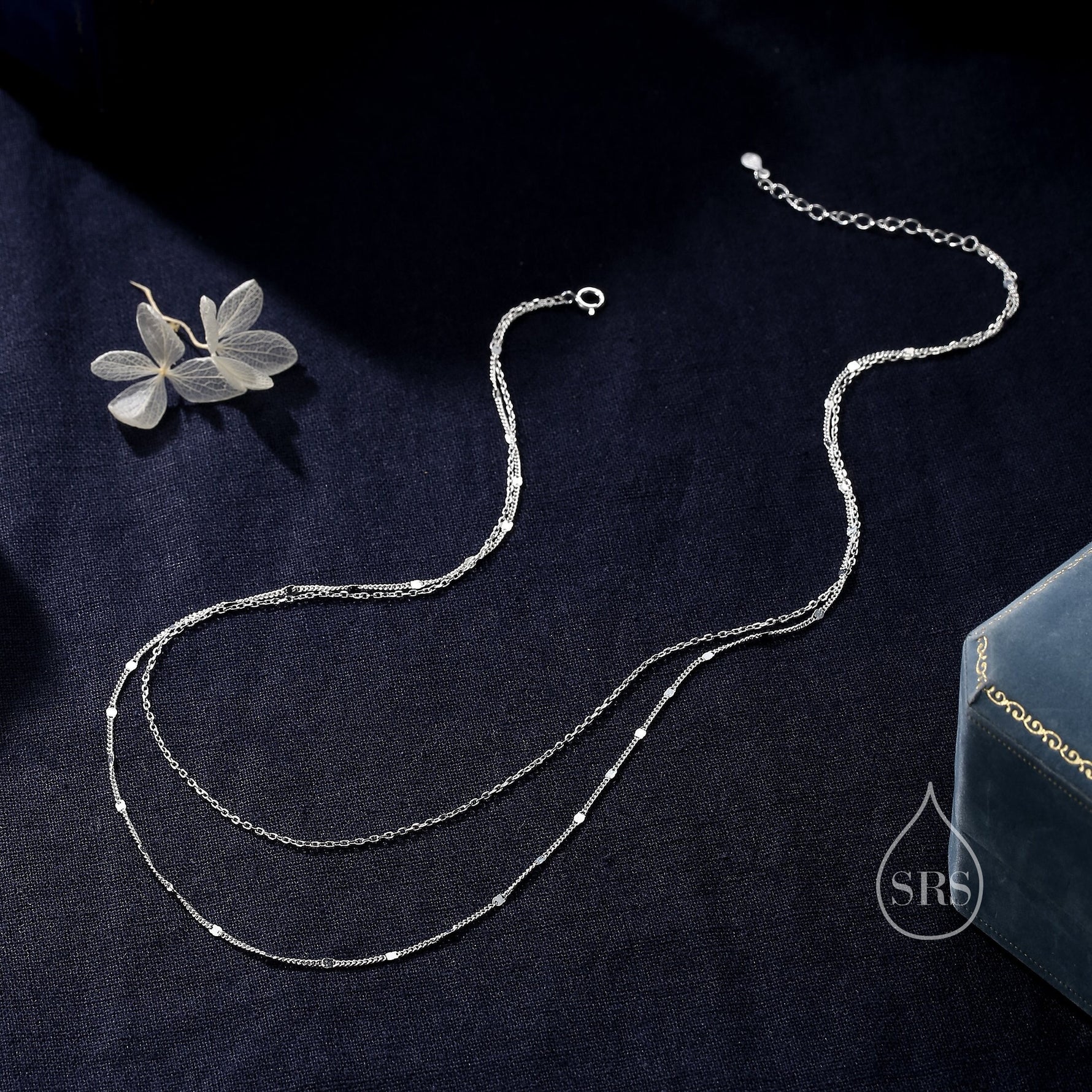 Double Layer Necklace in Sterling Silver with Sparkle Disk Chain, Silver or Gold or Rose Gold, Delicate Two Layer Chain Necklace