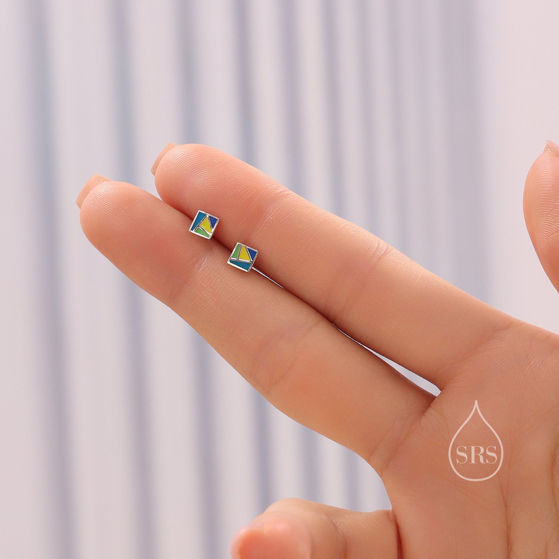 Enamel Square Stud Earrings in Sterling Silver, Hand Painted Enamel Square Earrings, Stained Glass Inspired Square Stud