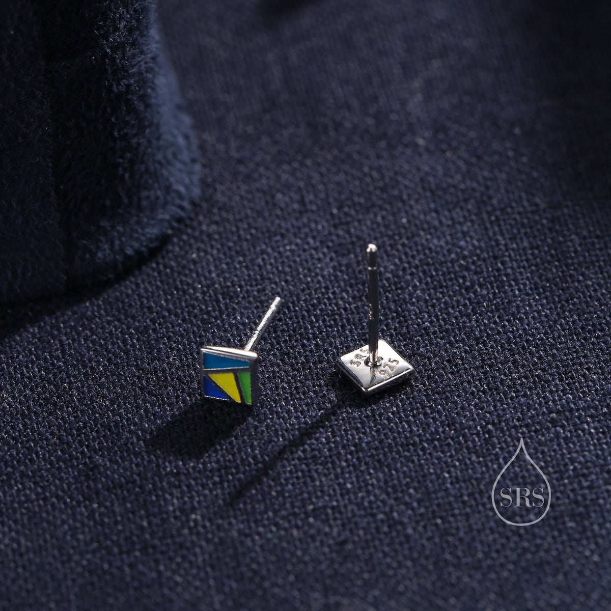 Enamel Square Stud Earrings in Sterling Silver, Hand Painted Enamel Square Earrings, Stained Glass Inspired Square Stud