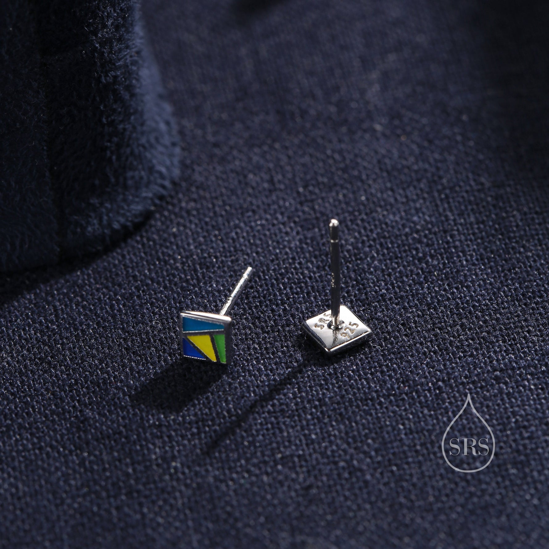 Enamel Square Stud Earrings in Sterling Silver, Hand Painted Enamel Square Earrings, Stained Glass Inspired Square Stud