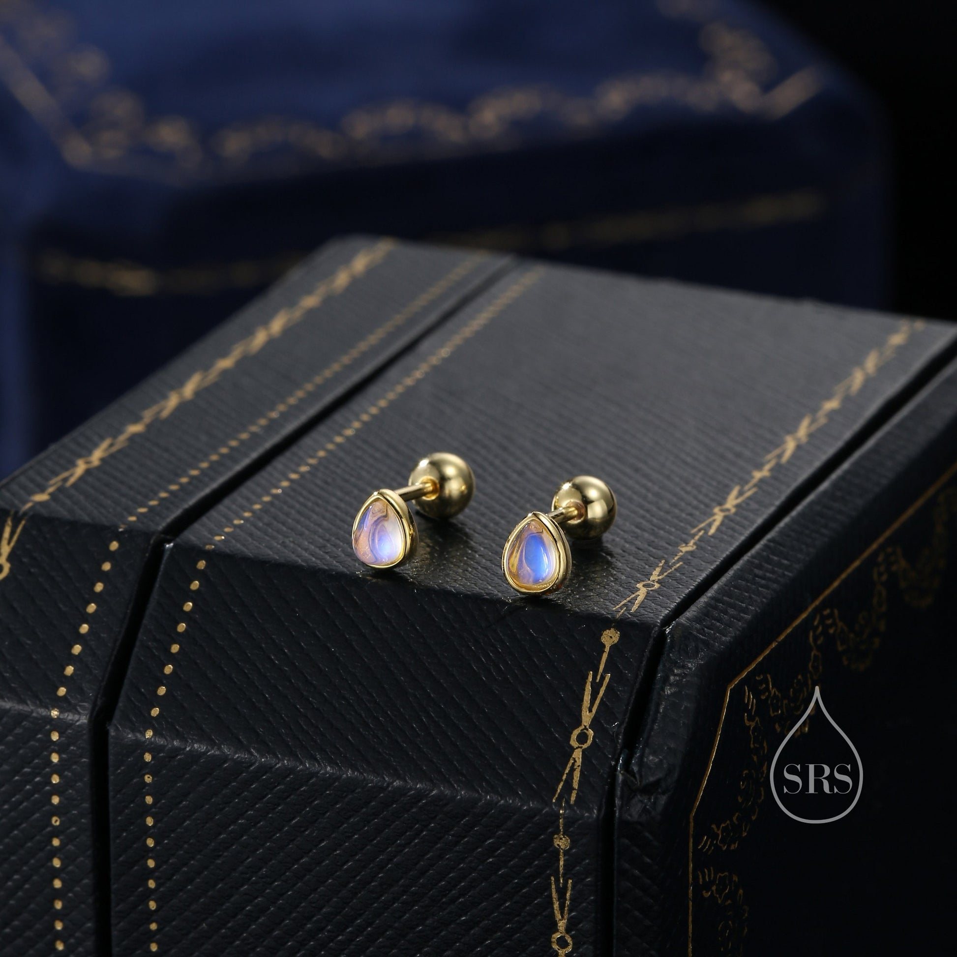 Moonstone Droplet Screw Back / Internally Threaded Flat Back Earrings in Sterling Silver, Silver or Gold or Rose Gold, Lab Moonstone