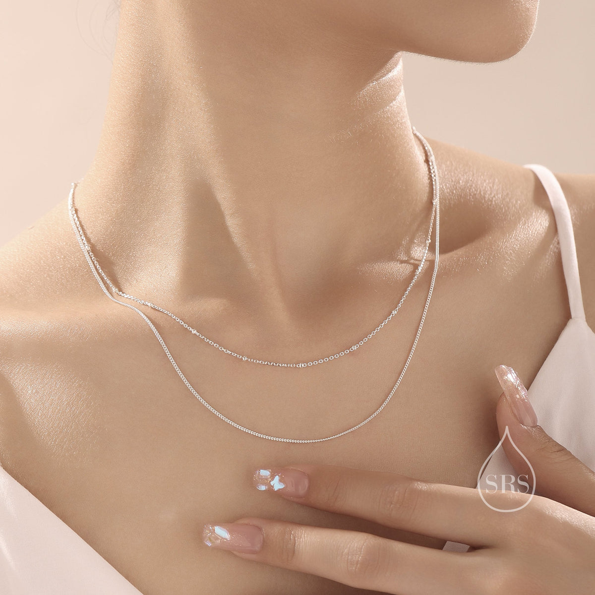Double Layer Necklace in Sterling Silver with Satellite Chain and Curb Chain, Silver or Gold or Rose Gold, Chain Necklace