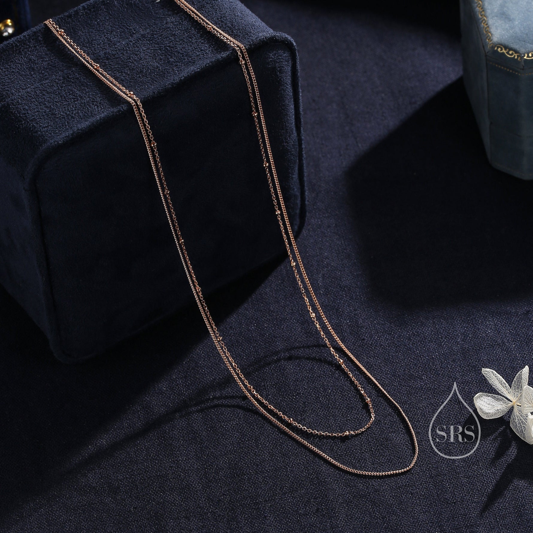 Double Layer Necklace in Sterling Silver with Satellite Chain and Curb Chain, Silver or Gold or Rose Gold, Chain Necklace