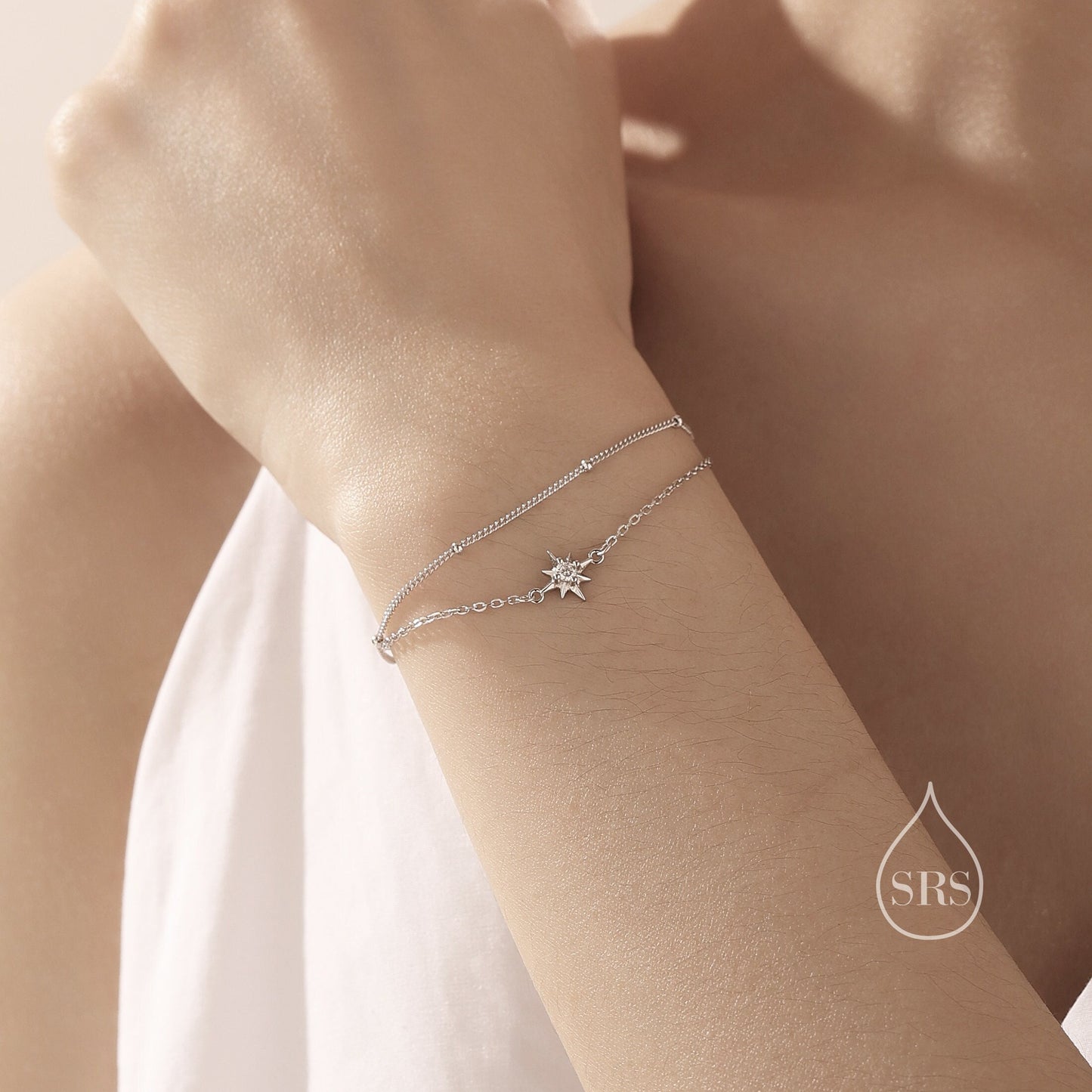 Starburst Two Layer Bracelet in Sterling Silver, Silver or Gold or Rose Gold, Double Layer Star Bracelet, Starburst Duo Layer Bracelet