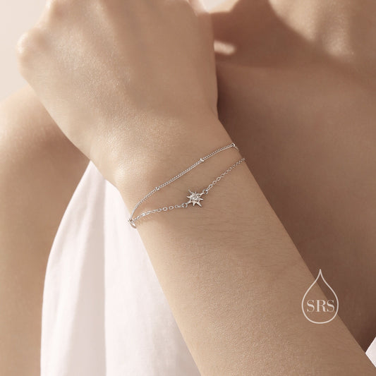 Starburst Two Layer Bracelet in Sterling Silver, Silver or Gold or Rose Gold, Double Layer Star Bracelet, Starburst Duo Layer Bracelet