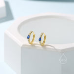 Tiny CZ Huggie Hoop Earrings in Sterling Silver with Sapphire Blue Pear CZ, Silver or Gold, Droplet CZ Hoops