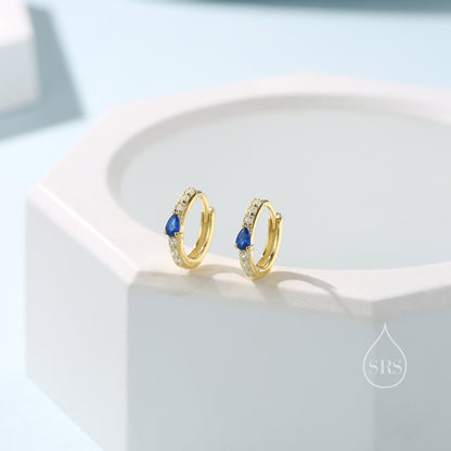 Tiny CZ Huggie Hoop Earrings in Sterling Silver with Sapphire Blue Pear CZ, Silver or Gold, Droplet CZ Hoops