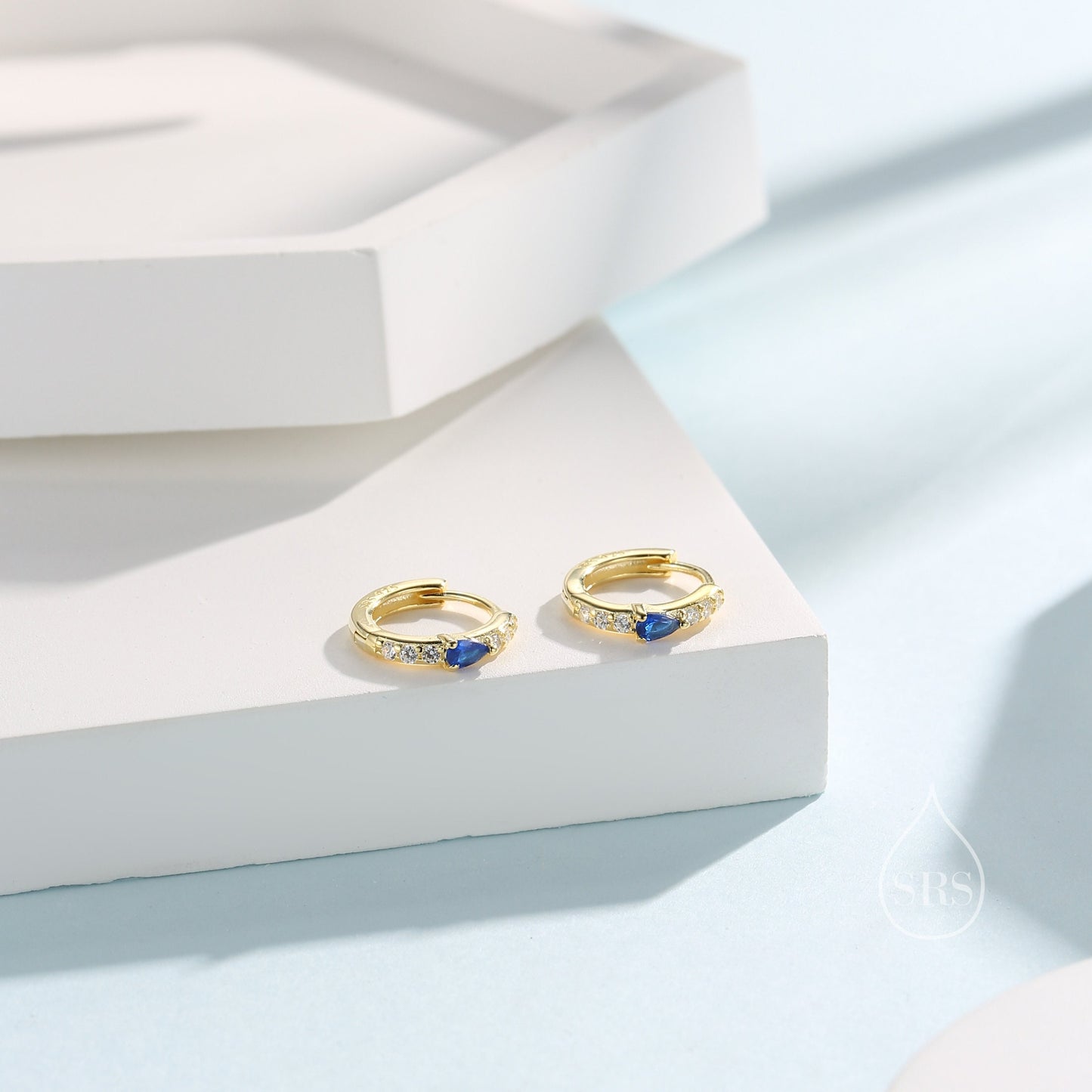 Tiny CZ Huggie Hoop Earrings in Sterling Silver with Sapphire Blue Pear CZ, Silver or Gold, Droplet CZ Hoops