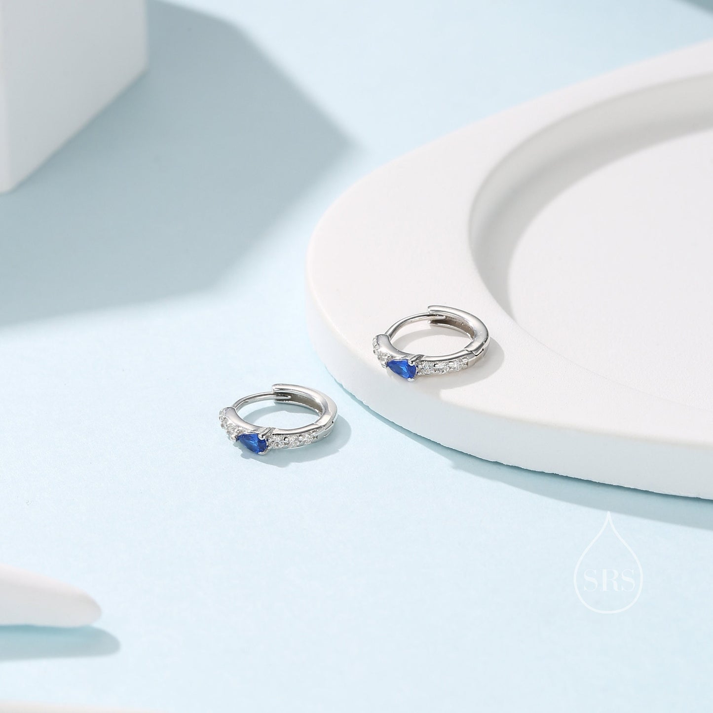 Tiny CZ Huggie Hoop Earrings in Sterling Silver with Sapphire Blue Pear CZ, Silver or Gold, Droplet CZ Hoops