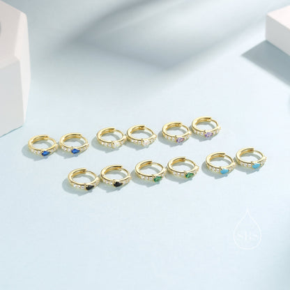 Tiny CZ Huggie Hoop Earrings in Sterling Silver with Pear CZ, Silver or Gold, Droplet CZ Hoops