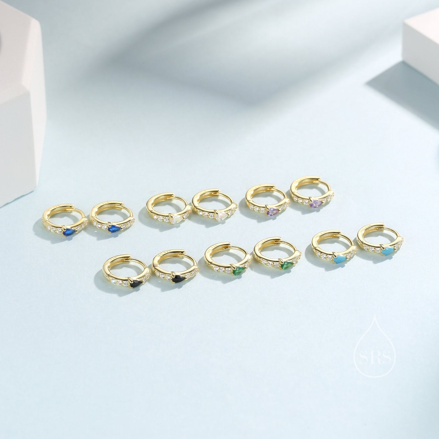 Tiny CZ Huggie Hoop Earrings in Sterling Silver with Sapphire Blue Pear CZ, Silver or Gold, Droplet CZ Hoops