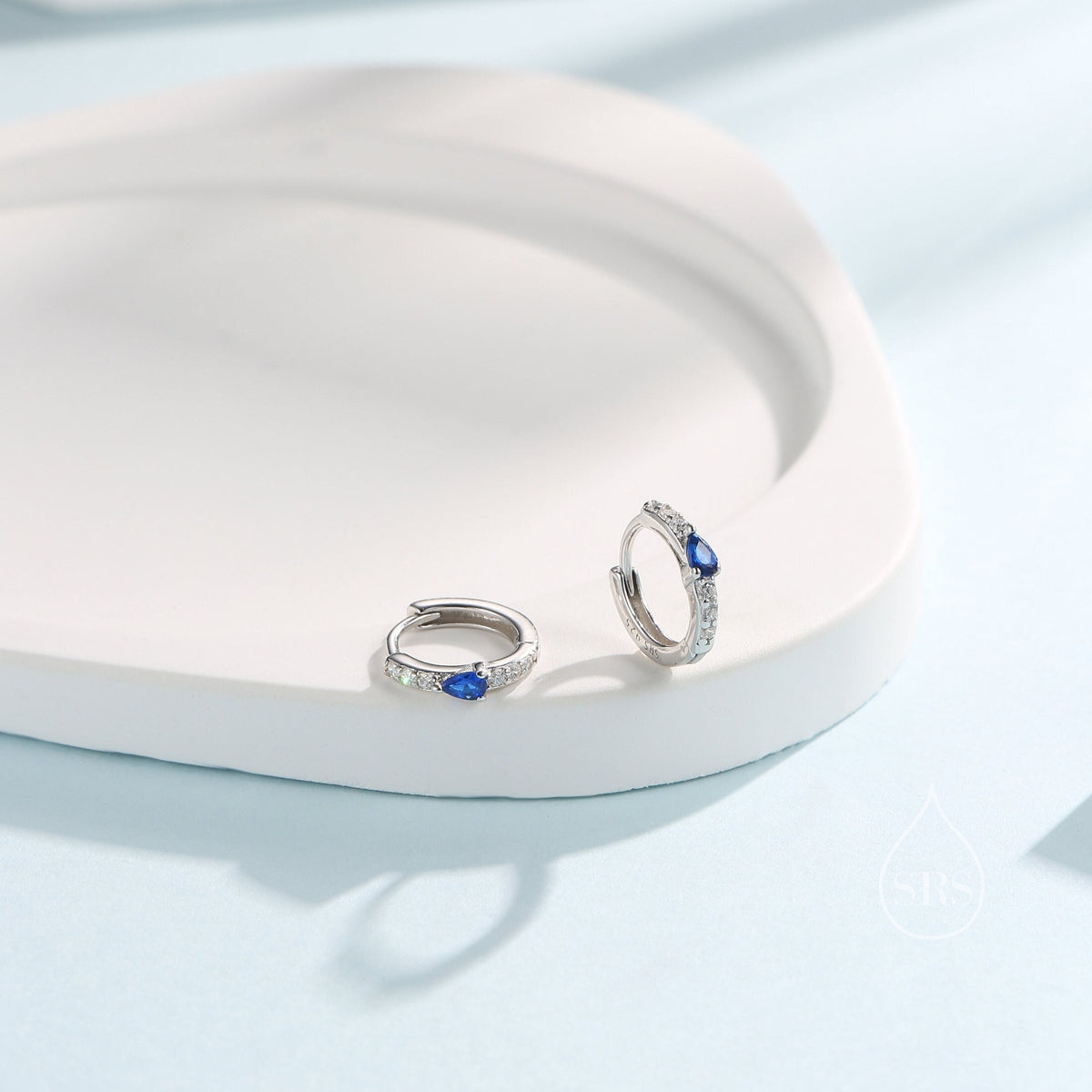 Tiny CZ Huggie Hoop Earrings in Sterling Silver with Sapphire Blue Pear CZ, Silver or Gold, Droplet CZ Hoops
