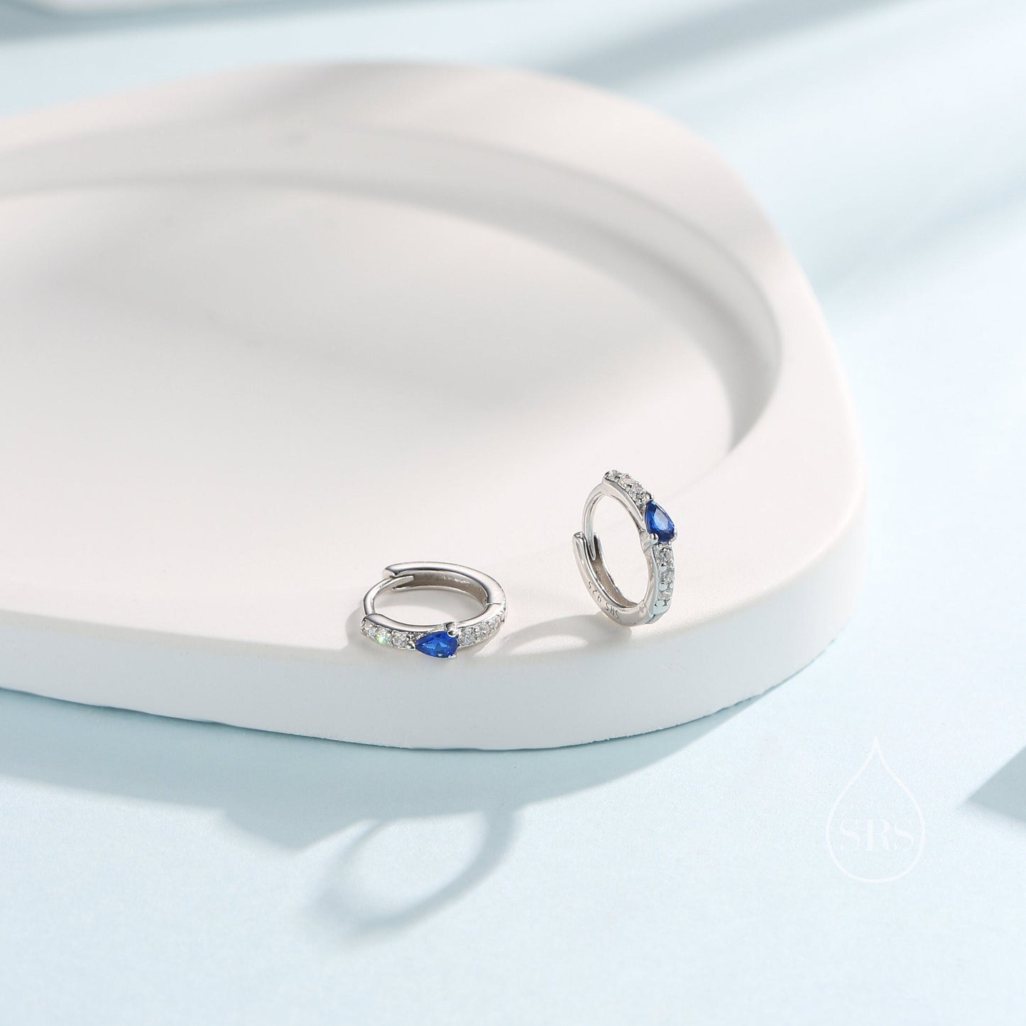 Tiny CZ Huggie Hoop Earrings in Sterling Silver with Sapphire Blue Pear CZ, Silver or Gold, Droplet CZ Hoops