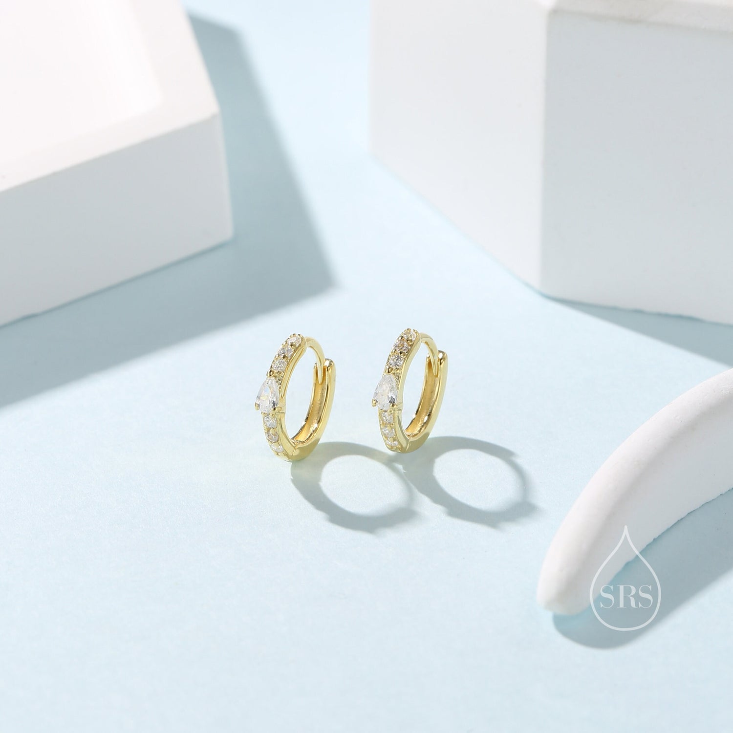Tiny CZ Huggie Hoop Earrings in Sterling Silver with Pear CZ, Silver or Gold, Droplet CZ Hoops