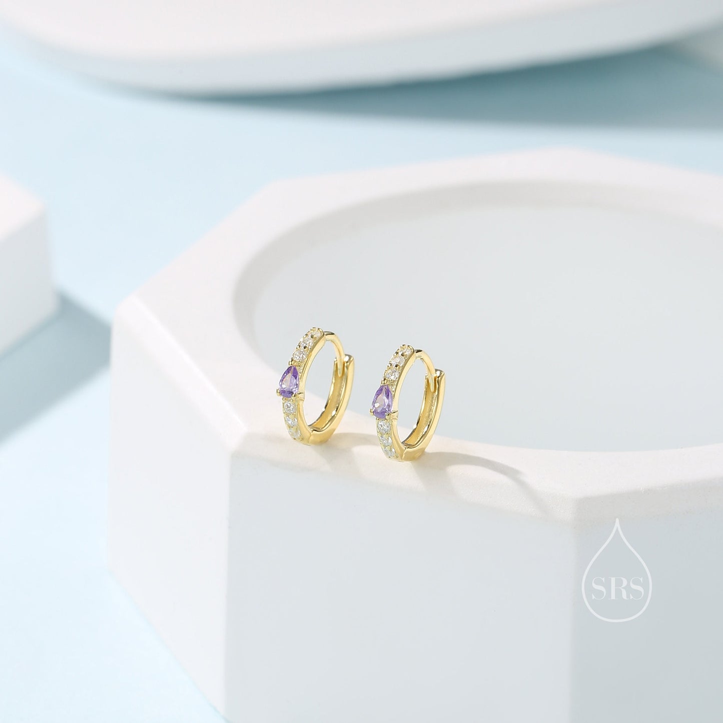 Tiny CZ Huggie Hoop Earrings in Sterling Silver with Amethyst Purple Pear CZ, Silver or Gold, Droplet CZ Hoops