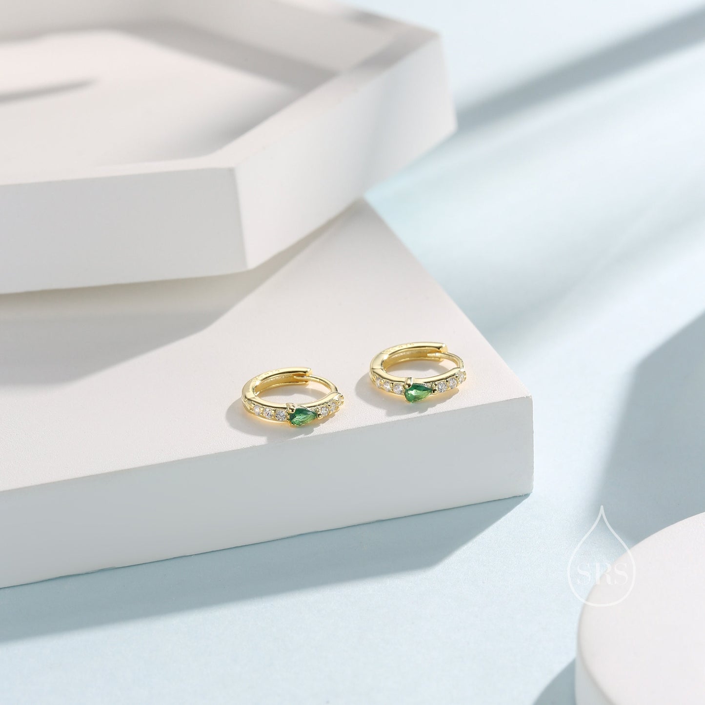 Tiny CZ Huggie Hoop Earrings in Sterling Silver with Emerald Green Pear CZ, Silver or Gold, Droplet CZ Hoops