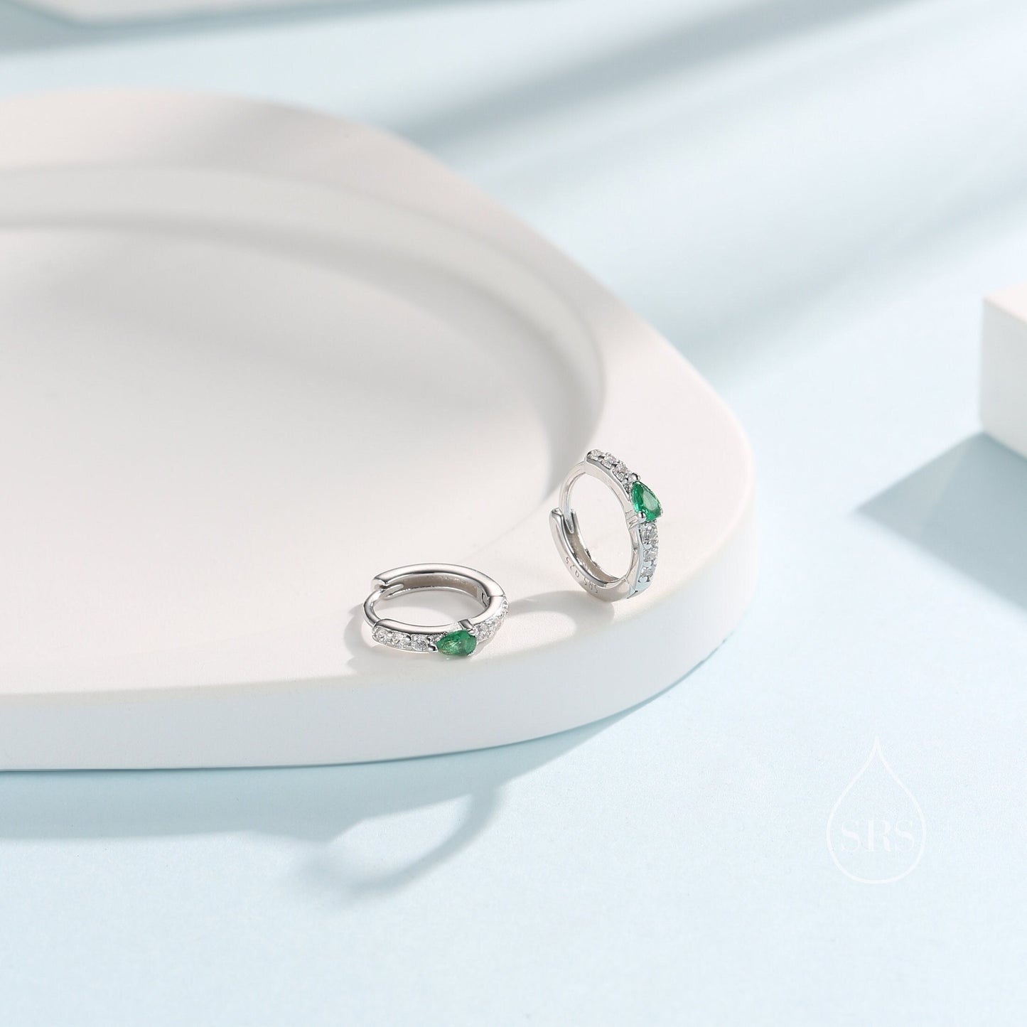 Tiny CZ Huggie Hoop Earrings in Sterling Silver with Emerald Green Pear CZ, Silver or Gold, Droplet CZ Hoops