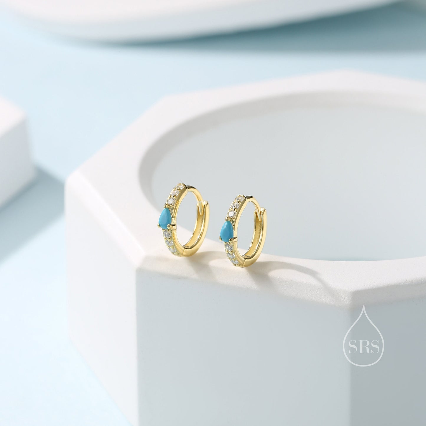 Tiny CZ Huggie Hoop Earrings in Sterling Silver with Turquoise Blue Pear CZ, Silver or Gold, Droplet CZ Hoops