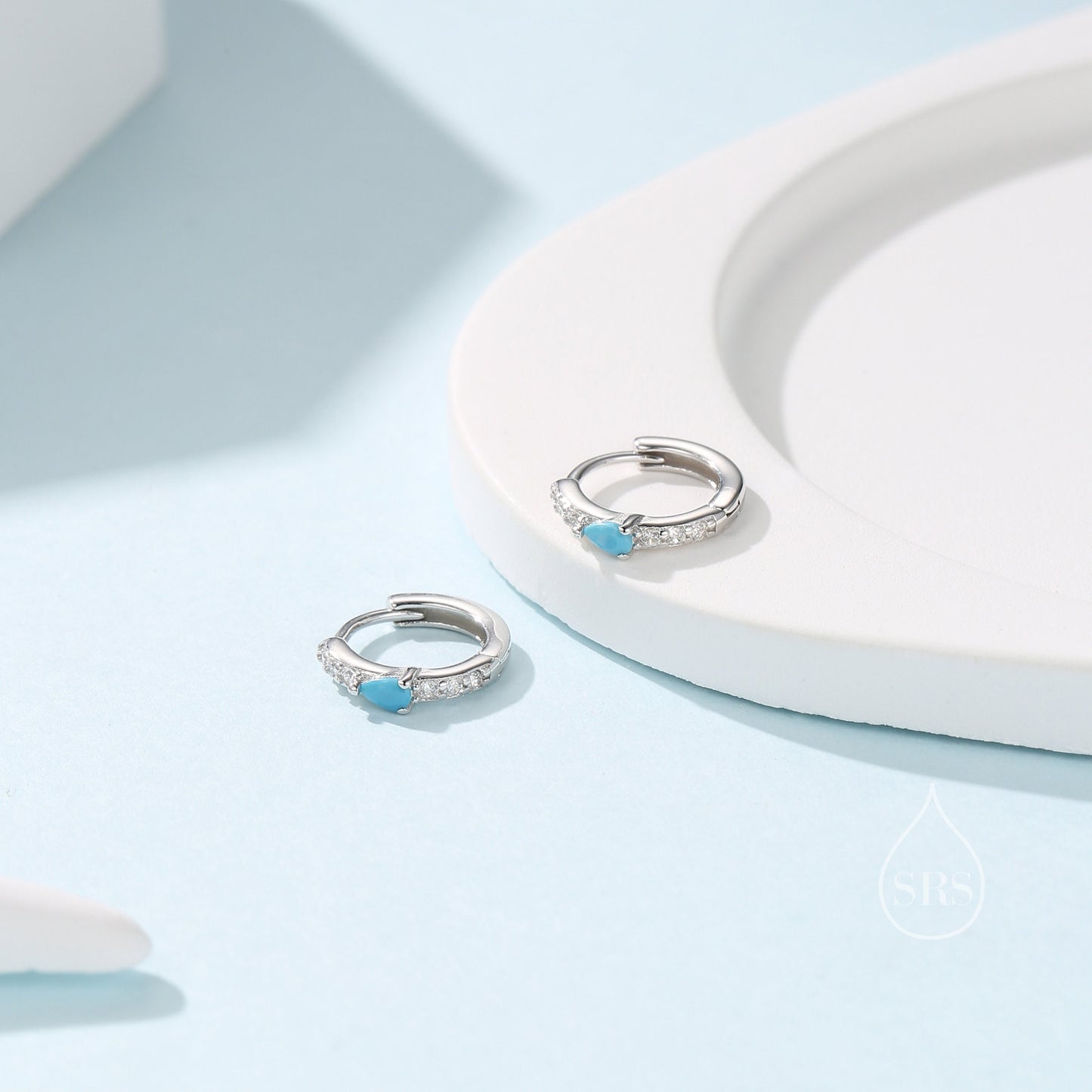 Tiny CZ Huggie Hoop Earrings in Sterling Silver with Turquoise Blue Pear CZ, Silver or Gold, Droplet CZ Hoops