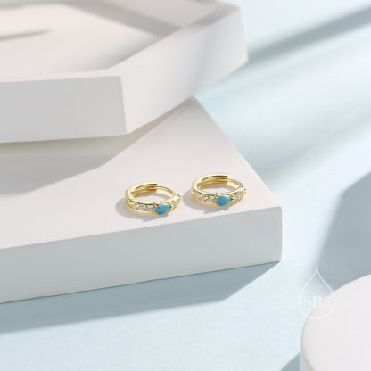 Tiny CZ Huggie Hoop Earrings in Sterling Silver with Turquoise Blue Pear CZ, Silver or Gold, Droplet CZ Hoops