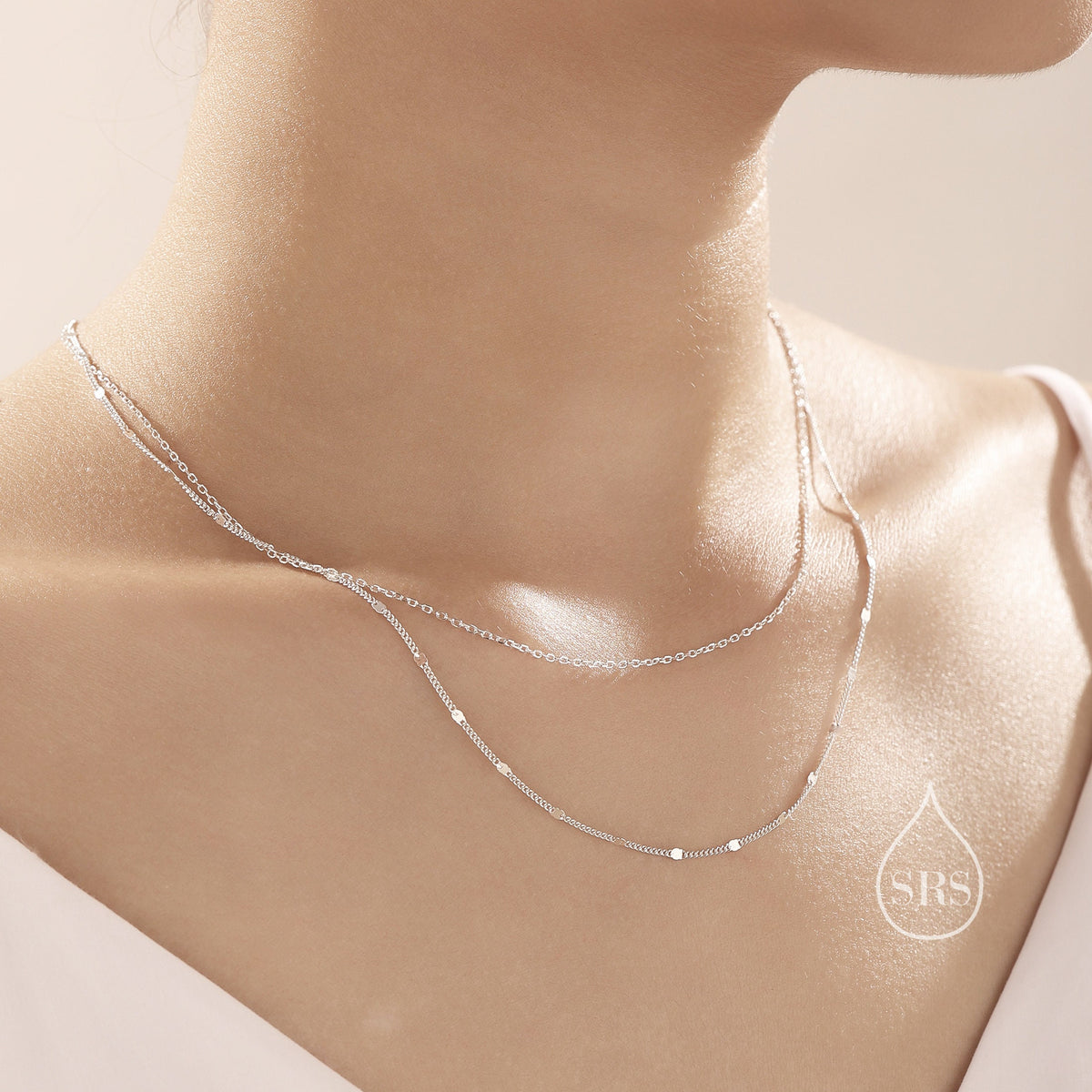 Double Layer Necklace in Sterling Silver with Sparkle Disk Chain, Silver or Gold or Rose Gold, Delicate Two Layer Chain Necklace
