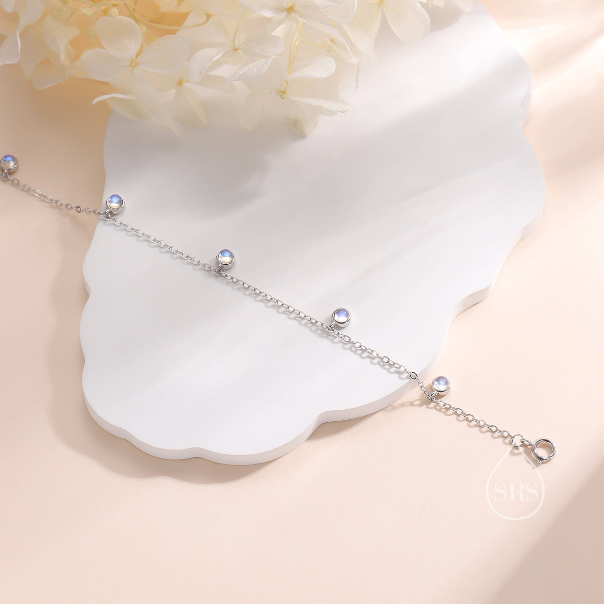 Delicate Moonstone Charm Bracelet in Sterling Silver, Silver or Gold, Silver Moonstone Bracelet