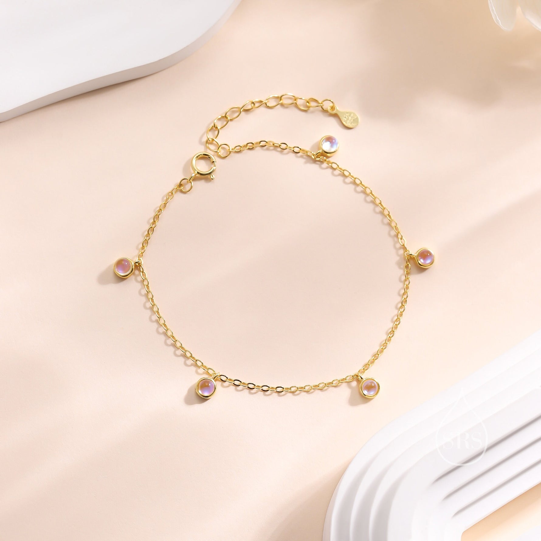 Delicate Moonstone Charm Bracelet in Sterling Silver, Silver or Gold, Silver Moonstone Bracelet