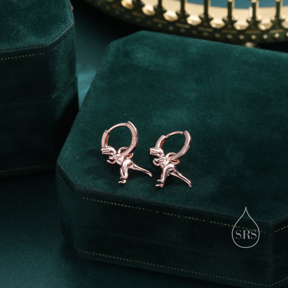 Sterling Silver T Rex Dinosaur Dangle Hoop Earrings, Silver, Gold or Rose Gold, T-rex Huggie Hoops, Interchangeable Charms, Detachable