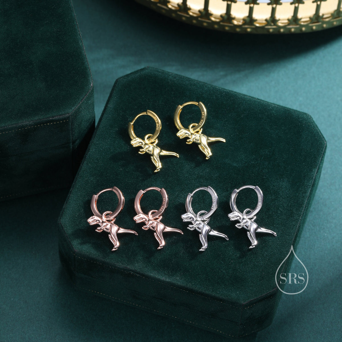 Sterling Silver T Rex Dinosaur Dangle Hoop Earrings, Silver, Gold or Rose Gold, T-rex Huggie Hoops, Interchangeable Charms, Detachable