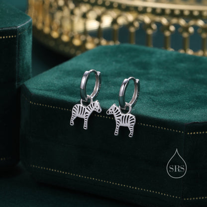 Sterling Silver Zebra Dangle Hoop Earrings, Silver or Gold, Zebra Huggie Hoops, Interchangeable Charms, Detachable