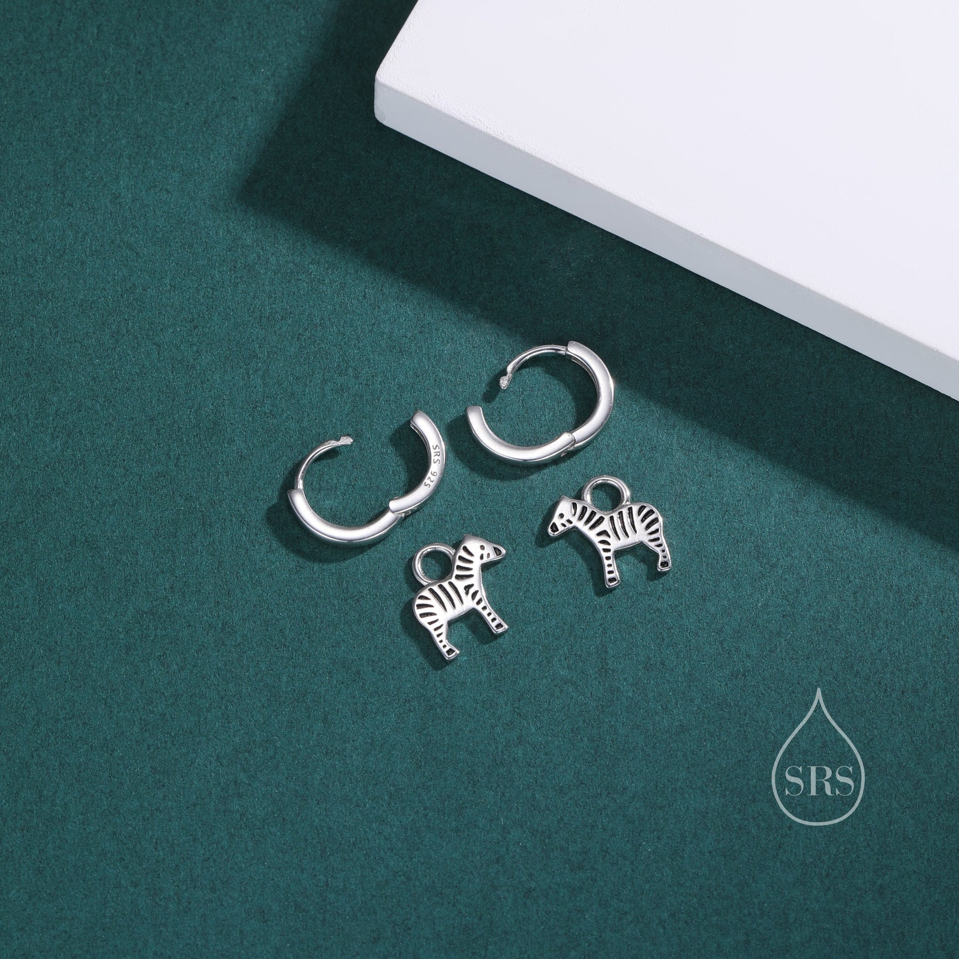 Sterling Silver Zebra Dangle Hoop Earrings, Silver or Gold, Zebra Huggie Hoops, Interchangeable Charms, Detachable