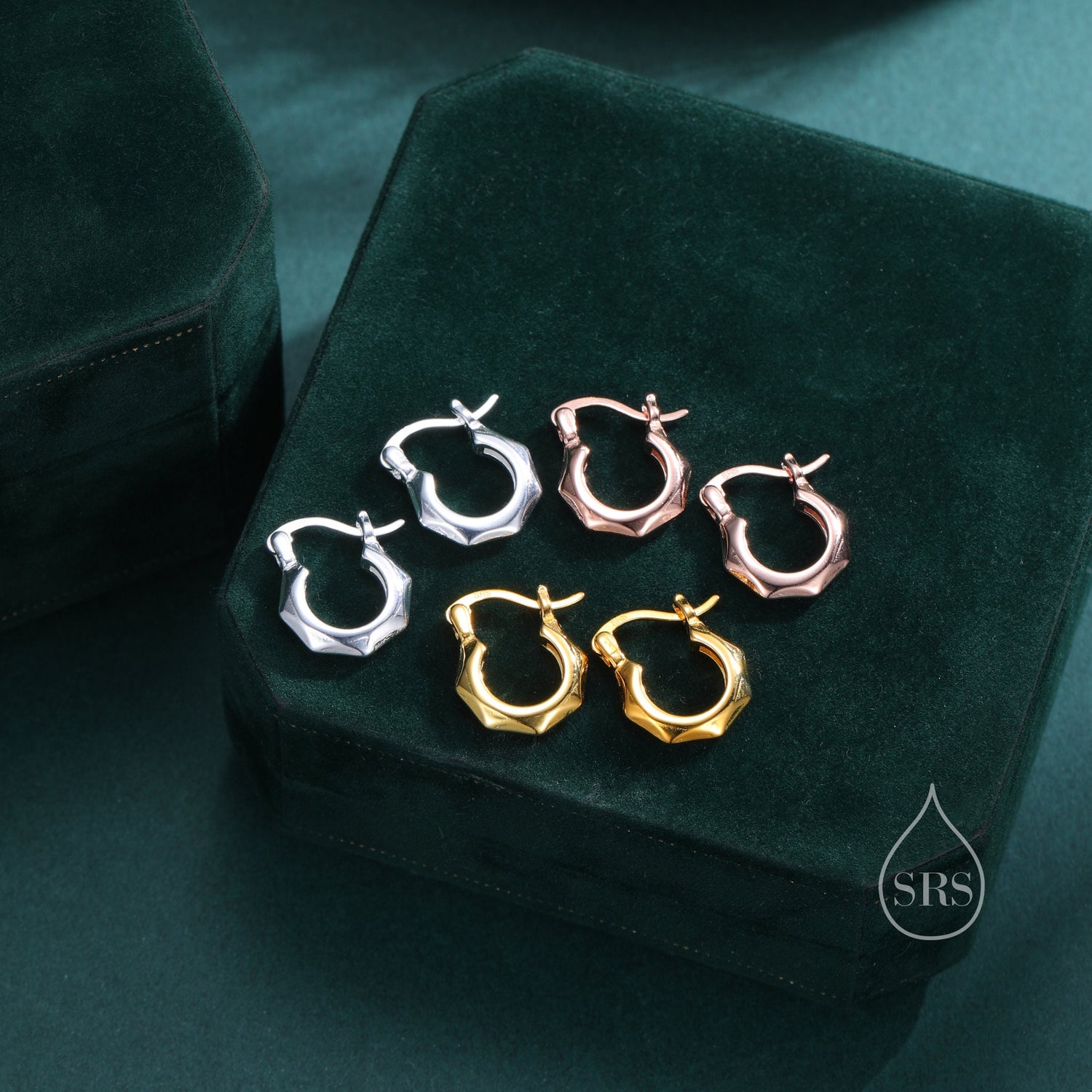 Geometric Faceted Huggie Hoops in Sterling Silver, Silver or Gold or Rose Gold, Chunky Look but Light Weight