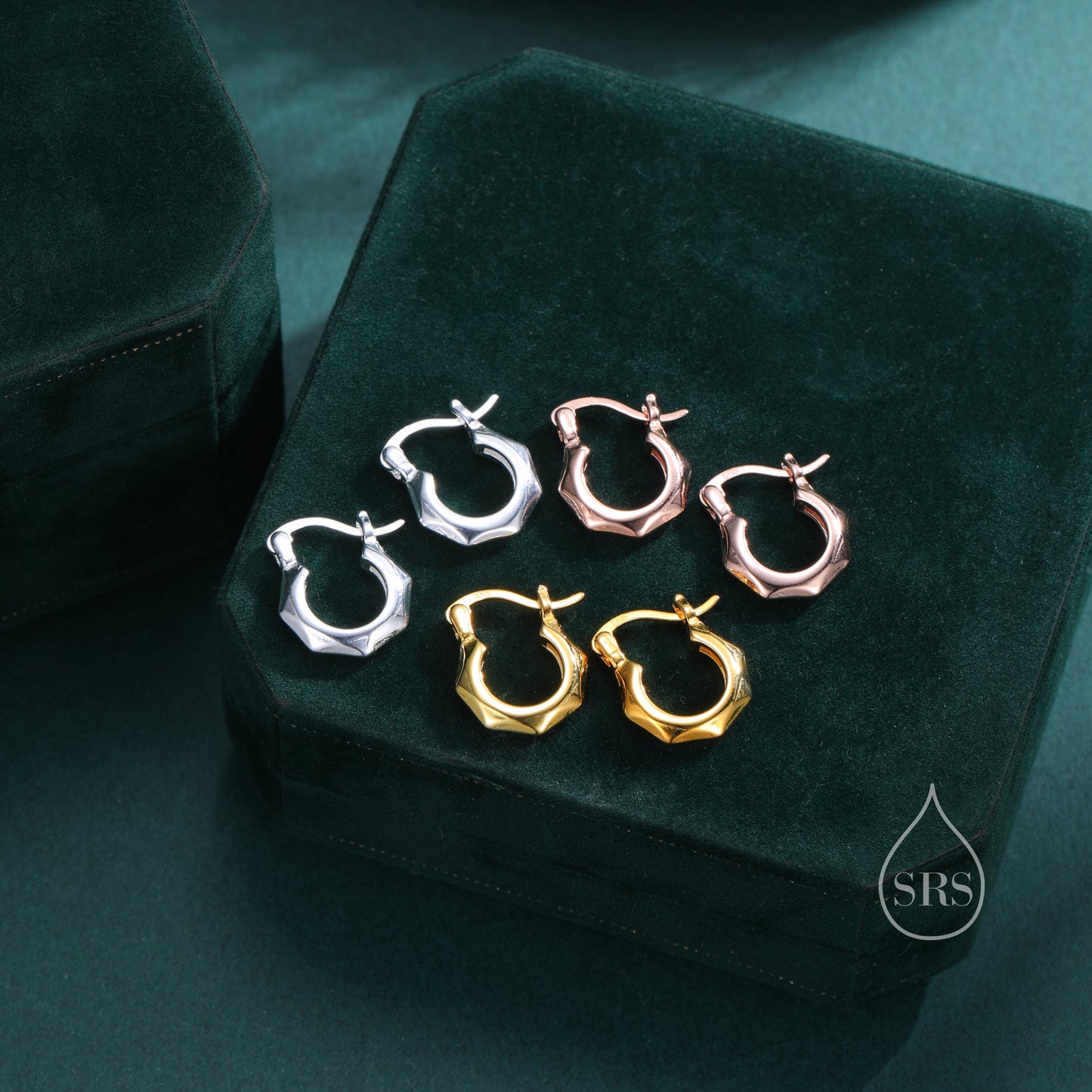 Geometric Faceted Huggie Hoops in Sterling Silver, Silver or Gold or Rose Gold,   Chunky Look but Light Weight