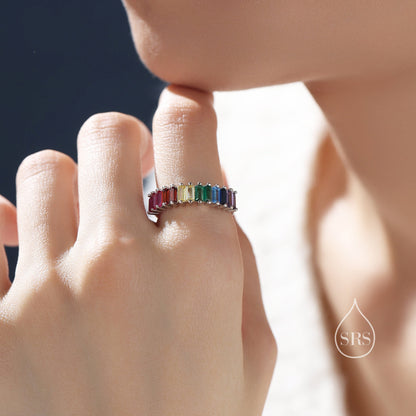 Rainbow Colour Baguette CZ Ring in Sterling Silver, Half Eternity Ring, Half Infinity Ring, Silver , CZ Cluster Ring, US 5 - 7