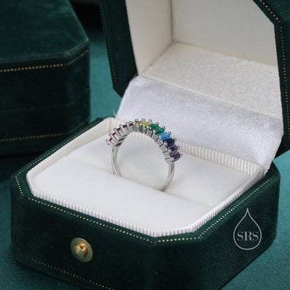 Rainbow Colour Baguette CZ Ring in Sterling Silver, Half Eternity Ring, Half Infinity Ring, Silver , CZ Cluster Ring, US 5 - 7