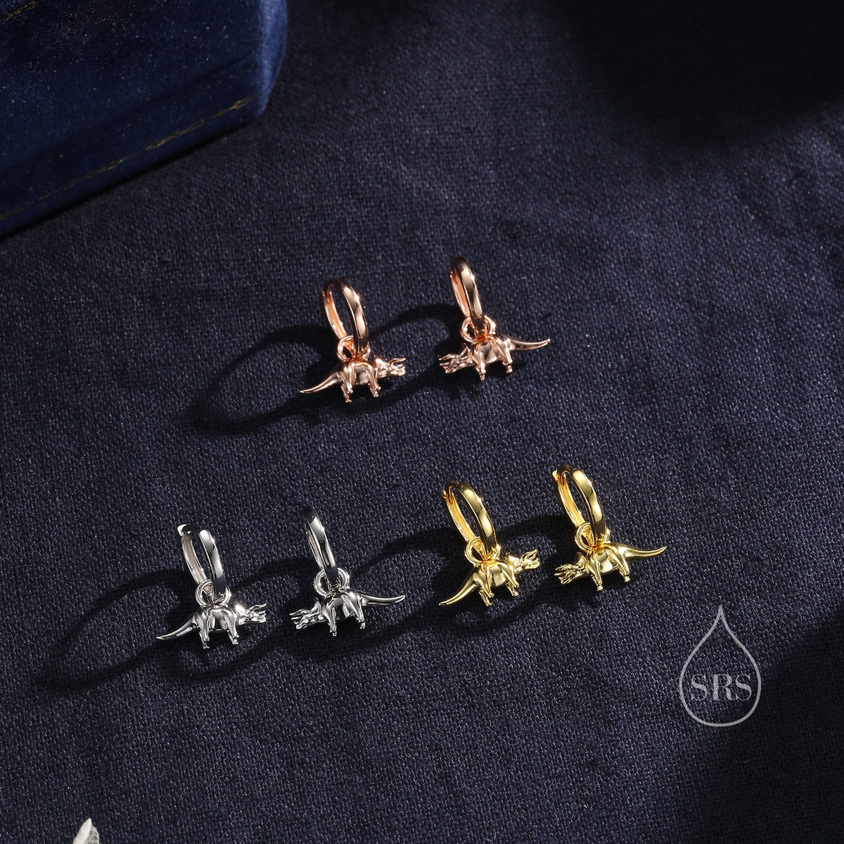 Sterling Silver Triceratops Dinosaur Dangle Hoop Earrings, Silver, Gold or Rose Gold, Triceratops Huggie Hoops, Interchangeable Detachable