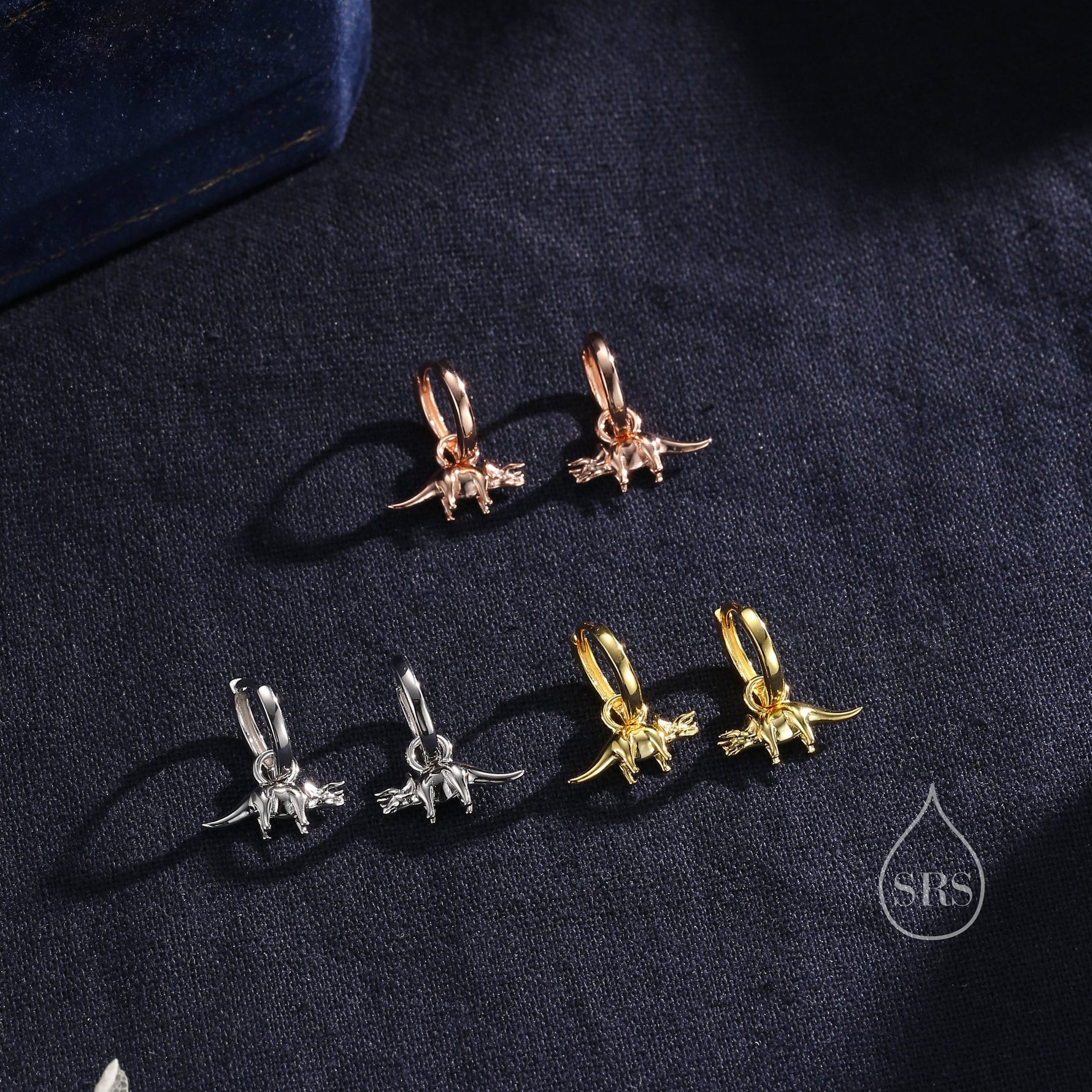 Sterling Silver Triceratops Dinosaur Dangle Hoop Earrings, Silver, Gold or Rose Gold, Triceratops Huggie Hoops, Interchangeable Detachable
