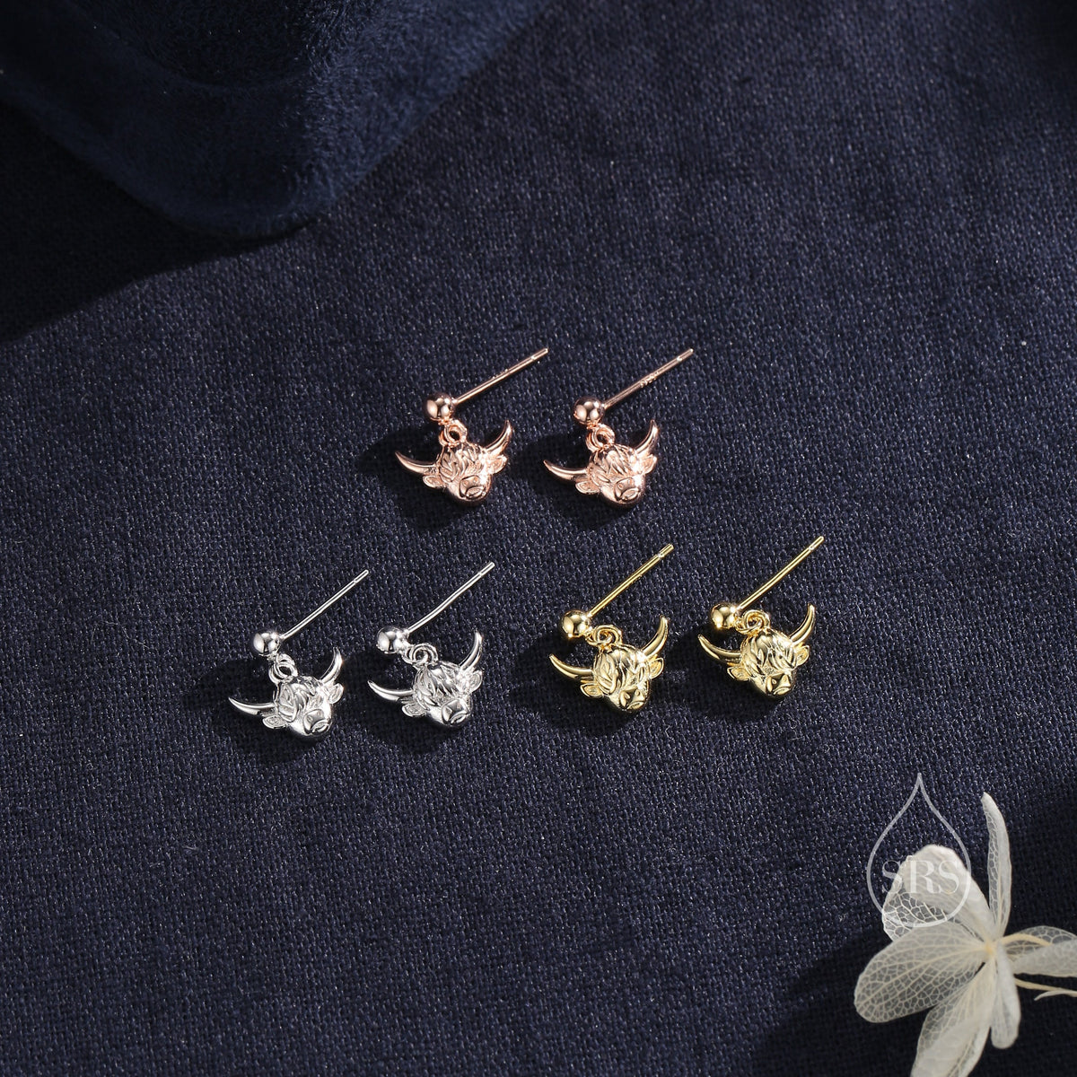 Dangling Highland Cow Drop Stud Earrings in Sterling Silver, Silver or Gold or Rose Gold, Highland Cow Earrings, Cow Hook Earrings, Scottish