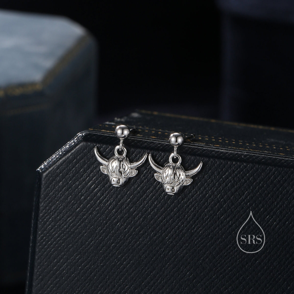 Dangling Highland Cow Drop Stud Earrings in Sterling Silver, Silver or Gold or Rose Gold, Highland Cow Earrings, Cow Hook Earrings, Scottish