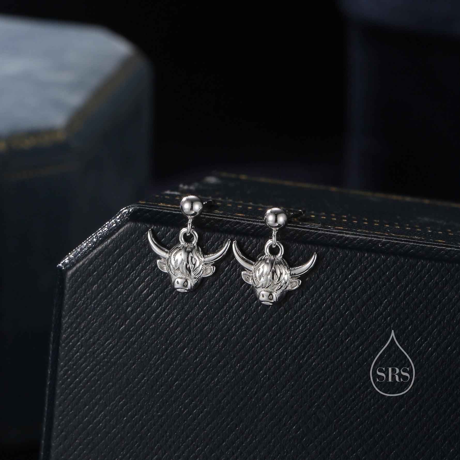 Dangling Highland Cow Drop Stud Earrings in Sterling Silver, Silver or Gold or Rose Gold, Highland Cow Earrings, Cow Hook Earrings, Scottish