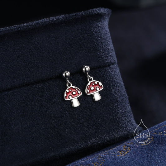 Dangling Mushroom Drop Stud Earrings in Sterling Silver, Mushroom Dangle Earrings, Red Enamel Mushroom Earrings, Toadstool Earrings