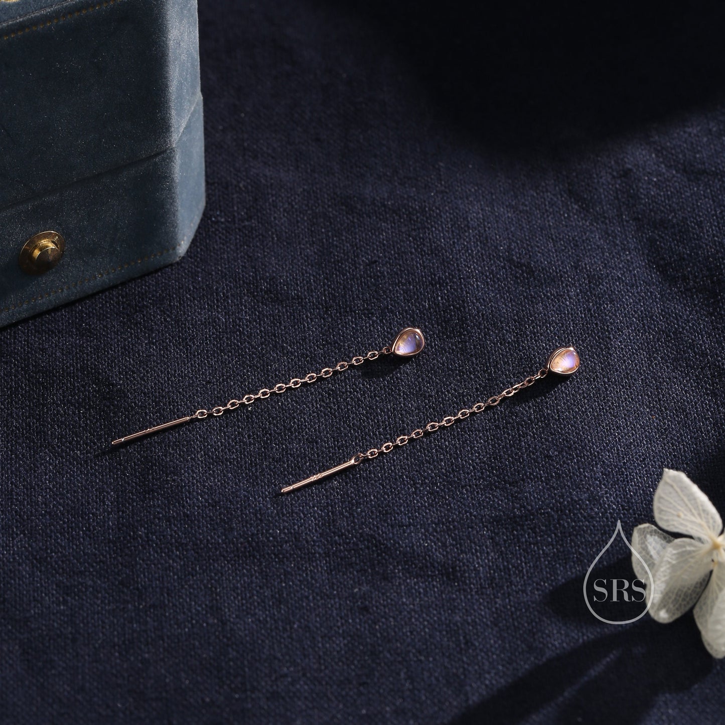 Sterling Silver Tiny Moonstone Droplet Ear Threader Earrings, Silver or Gold or Rose Gold, Lab Moonstone Minimalist Threader Earrings