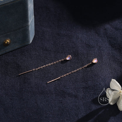 Sterling Silver Tiny Moonstone Droplet Ear Threader Earrings, Silver or Gold or Rose Gold, Lab Moonstone Minimalist Threader Earrings